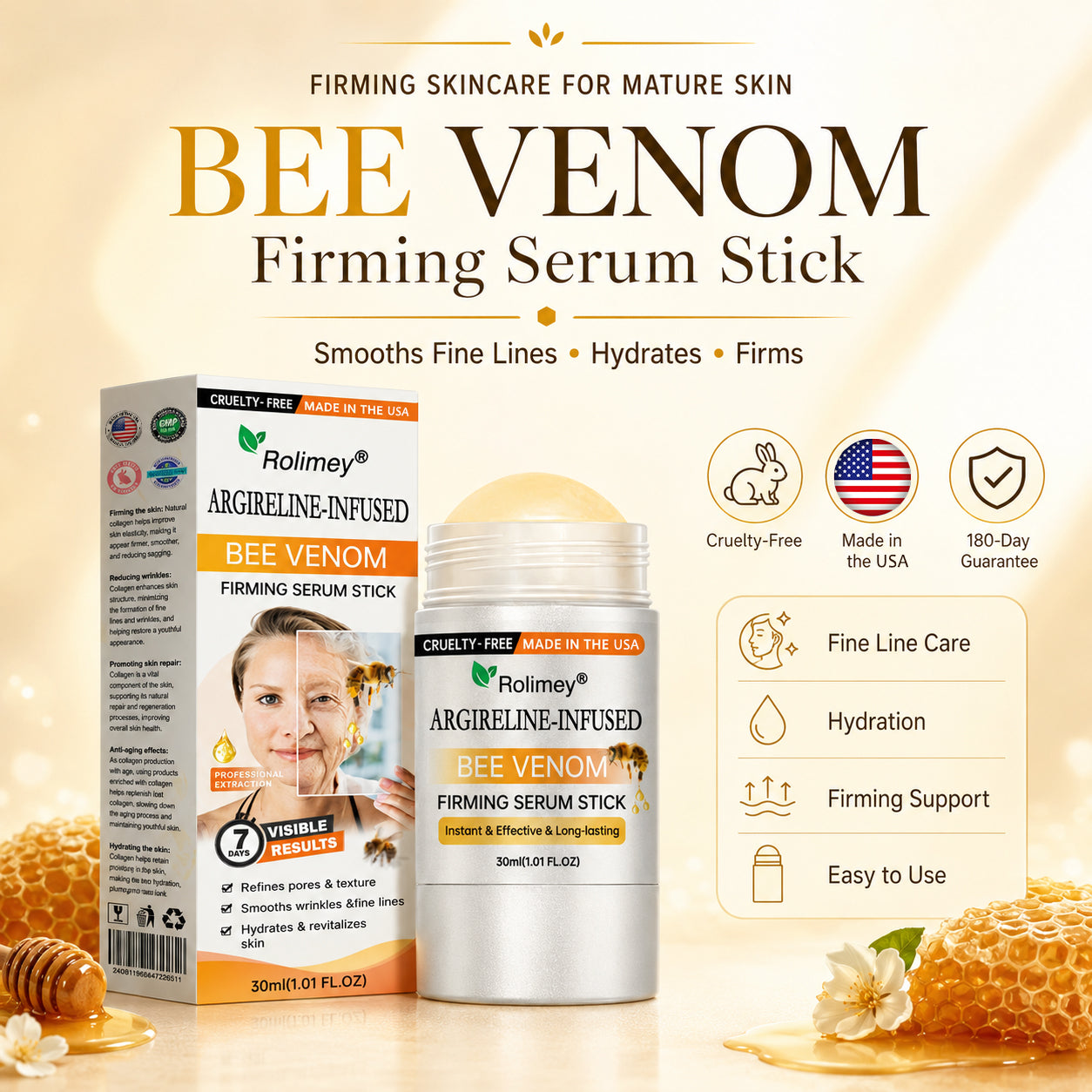 💫Made and Shipped from US Rolimey® Argireline-infused Bee Venom Firming Serum Stick(⏳LAST DAY 70% OFF)✨